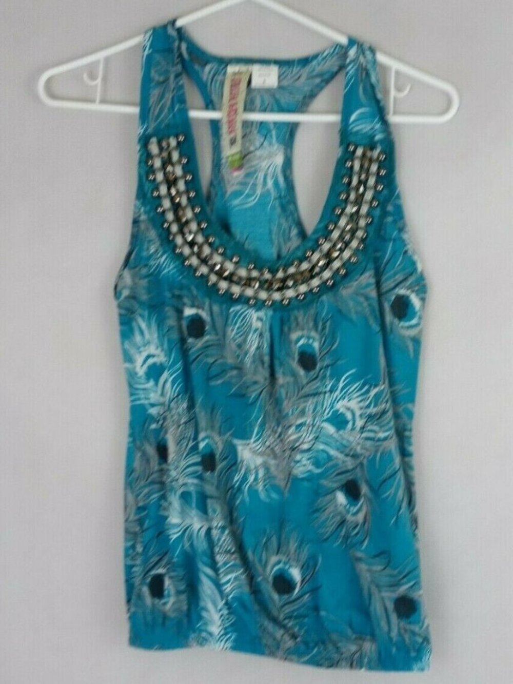 Fresh Brewed Women's Blue Studded Tank Top With Peacock Feathers Design Small